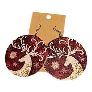Wooden handmade Christmas  Deer earrings Red & White New 2 1/2 Circles